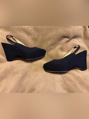Stella McCartney Navy Blue Platform Slingback Wedge Pumps Sz 39.5